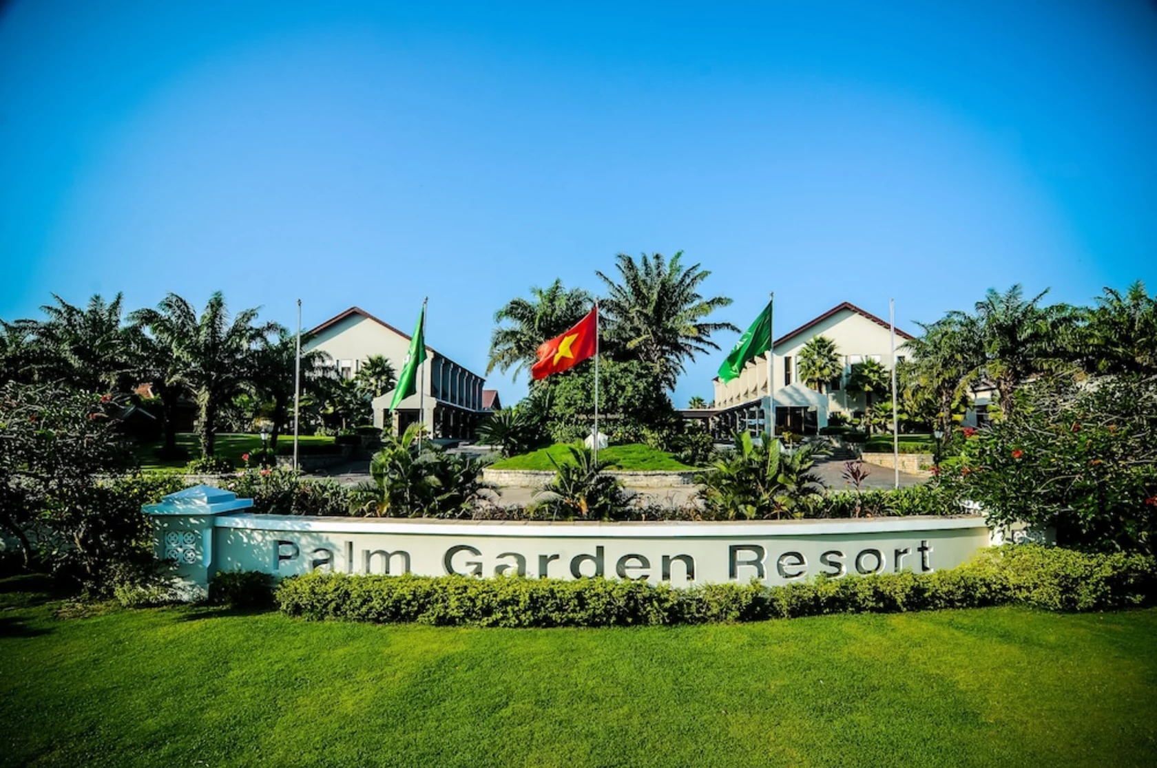 Resort gardens with stone pathways