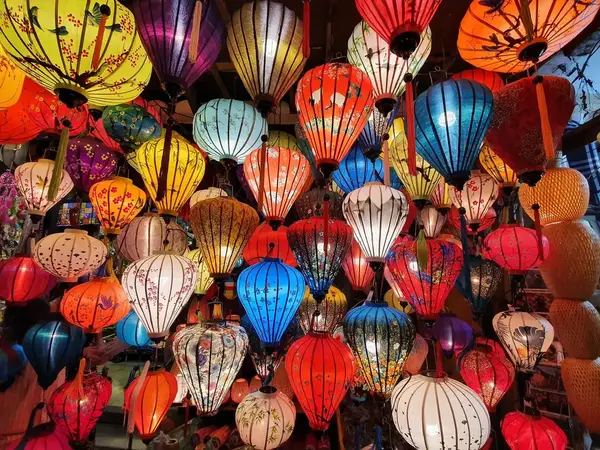 Close-up of colorful silk lanterns in Hội An