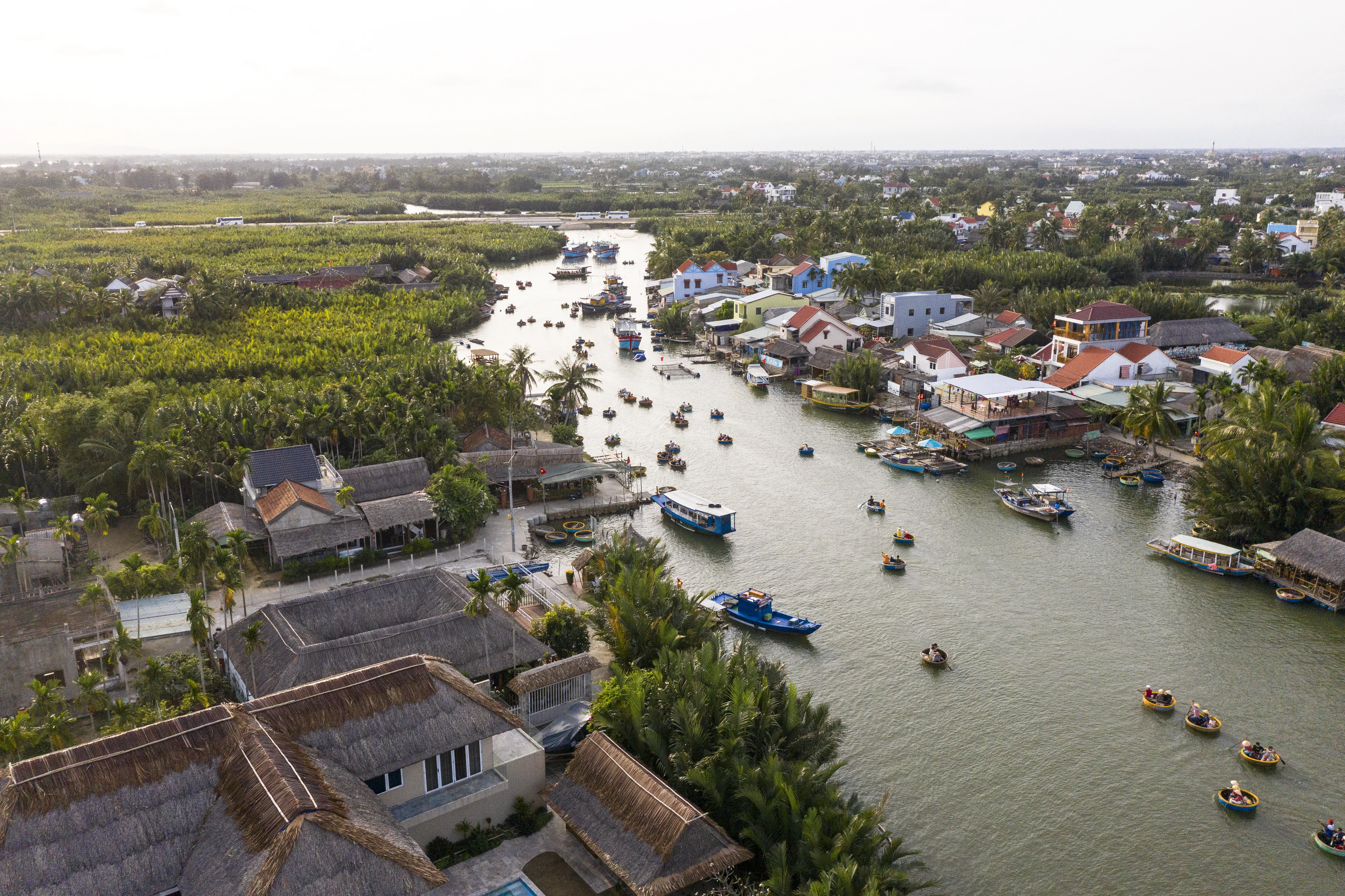 Aerial perspective of Hội An Ancient Town and Thu Bon River