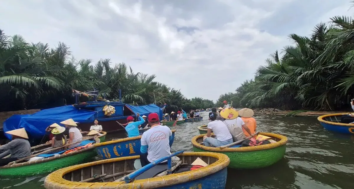 Group of basket boats navigating the nipa palms